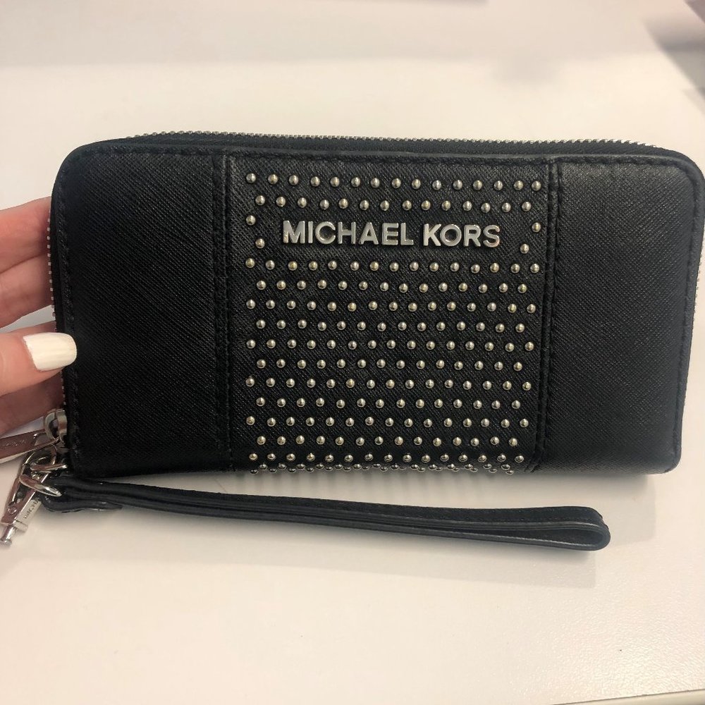 Michael Kors Black Leather Studded Wristlet Wallet Phone Holder